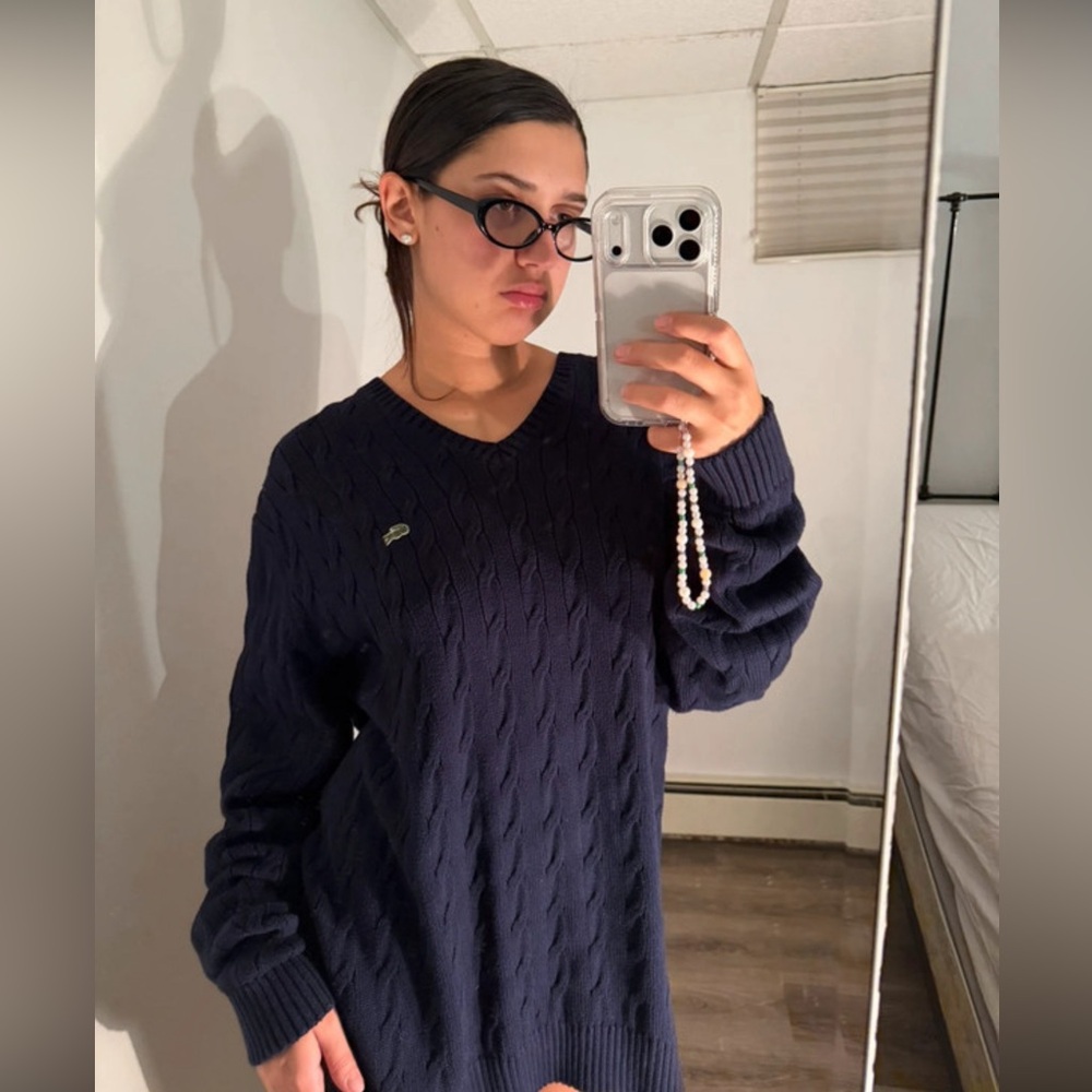 Lacoste Navy Cable-Knit V-Neck Sweater Pullover